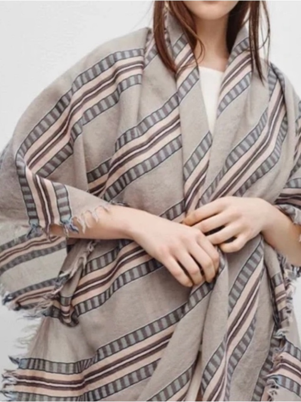 Aritzia Wilfred Mixed Stripes Blanket Scarf 100% Wool Grey Taupe